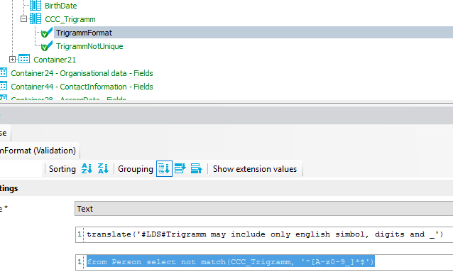airthDate CCC _ Trigramm TrigrammNotlJnique Container21 Container24 - Organisatonal data - Fields Container" - Contactlnformaton - Fields nFormat (Validation) Sorting -z; Aj 1 Grouping Show extension values ' only digit s 